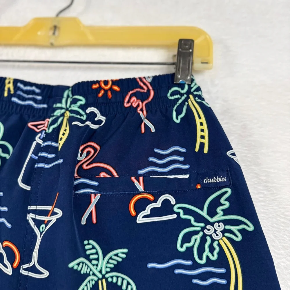 Chubbies M Navy Neon Tropical Flamingo Palm Tree Swim Trunks Shorts 7
